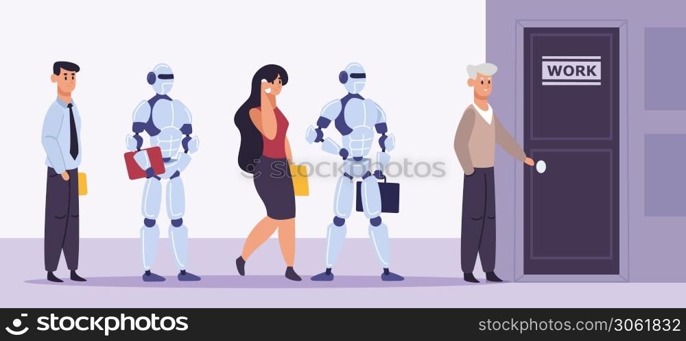 Human and robot recruitment. People and artificial intelligence standing in job interview line, employment competition vector illustration. Future work market with machines, man and woman. Human and robot recruitment. People and artificial intelligence standing in job interview line, employment competition vector illustration