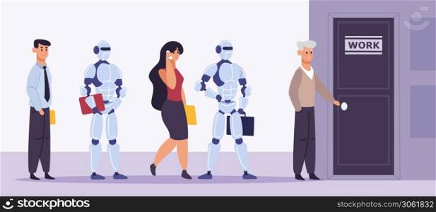 Human and robot recruitment. People and artificial intelligence standing in job interview line, employment competition vector illustration. Future work market with machines, man and woman. Human and robot recruitment. People and artificial intelligence standing in job interview line, employment competition vector illustration
