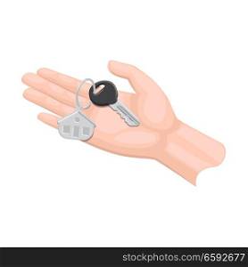 Human arm lends house key with trinket on white background. Cartoon arm presents keys from apartment, house or hotel room to someone. Real estate deal isolated vector in flat design. Cartoon Arm Gives House Key Isolated Illustration