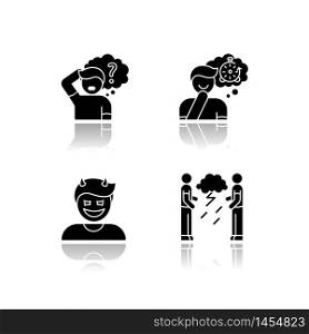 Human attitude drop shadow black glyph icons set. Man think in confusion. Person experience nostalgia. Evil gloat. Hostility and aggression attitude. Isolated vector illustrations on white space. Human attitude drop shadow black glyph icons set