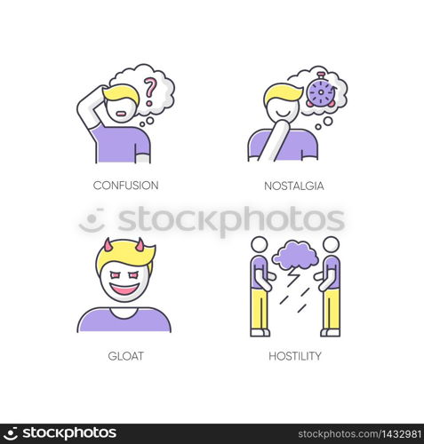 Human attitude RGB color icons set. Man think in confusion. Person experience nostalgia. Evil gloat. Hostility and aggression attitude. Negative behaviour. Isolated vector illustrations. Human attitude RGB color icons set