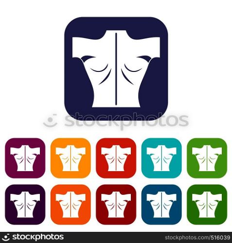 Human back icons set vector illustration in flat style in colors red, blue, green, and other. Human back icons set