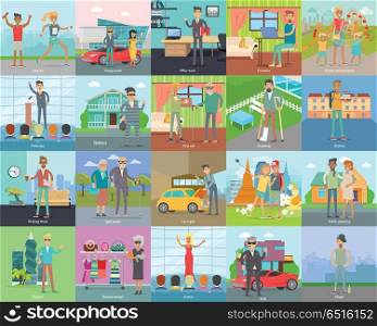 Human Banners Set. People Activities. Vector. Human banners set. Athletics. Young people. Office work. Freelance. Family entertainment. Politician. Robber. First aid. Homebody. Student Working break Aged people Car repair Vector illustration