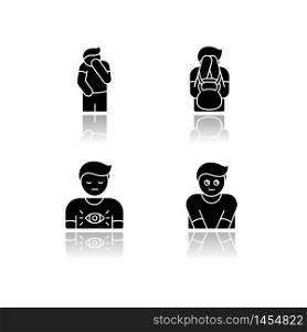 Human behaviour drop shadow black glyph icons set. Feeling of shame. Man with self blame. Social emotion of guilt. Symptom of psychological abuse. Isolated vector illustrations on white space. Human behaviour drop shadow black glyph icons set