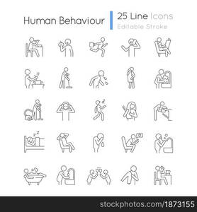 Human behaviour linear icons set. Activities of daily living. Commonplace household duties. Customizable thin line contour symbols. Isolated vector outline illustrations. Editable stroke. Human behaviour linear icons set