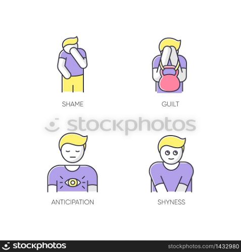Human behaviour RGB color icons set. Feeling of shame. Man with self blame. Social emotion of guilt. Anxiety and depression. Symptom of psychological abuse. Isolated vector illustrations. Human behaviour RGB color icons set