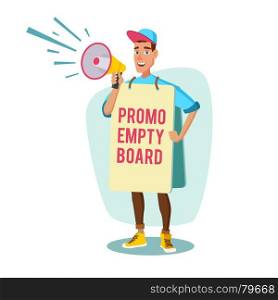 Human Billboard Vector. Man Holding Empty Board. Social Or Political Movement. Isolated Flat Cartoon Character Illustration. Retail Sales Industry Promoters Vector. Person Standing With Blank Advertising Poster. Expressing Active Position For Rights. Man Holding Empty Board. Cartoon Character Illustration