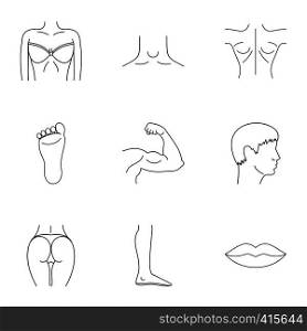 Human body icons set. Outline illustration of 9 human body vector icons for web. Human body icons set, outline style