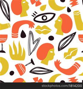 Human body parts. Face, hands legs background. Trendy doodle lips drawing, modern art romantic seamless texture. Fashion print vector pattern. Illustration human doodle background, part silhouette. Human body parts. Face, hands legs background. Trendy doodle lips drawing, modern art romantic seamless texture. Fashion print vector pattern