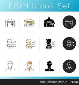 Human body sizing icons set. Linear, black and RGB color styles. Shoulders and neck circumferences, female body proportions. Tailoring parameters for bespoke clothing. Isolated vector illustrations