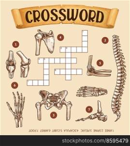 Human bones, crossword grid worksheet or find word quiz, vector puzzle game. Crossword grid to guess words of human body anatomy bones of wrist, knee or root and pelvic, scapula and cubit or spine. Human bones, crossword grid worksheet, find word