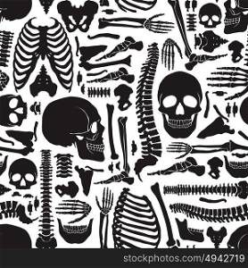 Human Bones Skeleton Pattern. Monochrome human skeleton seamless pattern with big skulls and various single bones flat vector illustration