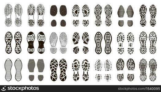 Human boots footprint. Shoes and barefoot silhouette, man boot steps print, textured stepping footprints isolated icons illustration set. Sneaker footprint, shoe grunge graphic collection. Human boots footprint. Shoes and barefoot silhouette, man boot steps print, textured stepping footprints isolated icons illustration set