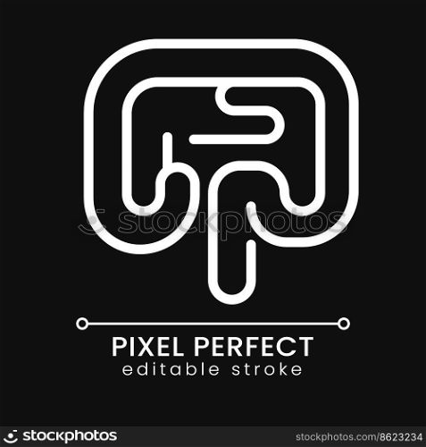 Human bowel pixel perfect white linear icon for dark theme. Gastrointestinal tract. Digestive system. Thin line illustration. Isolated symbol for night mode. Editable stroke. Poppins font used. Human bowel pixel perfect white linear icon for dark theme