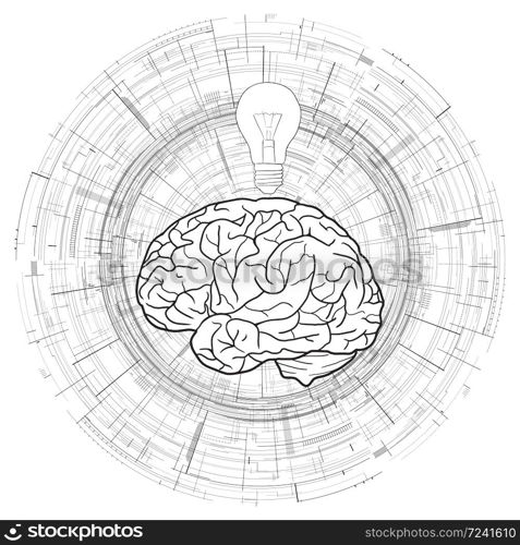 Human brain and a light bulb on technical circular background. Idea, inspiration. Vector black and white microchips background for your creativity. Human brain and a light bulb on technical circular background. Idea, inspiration.