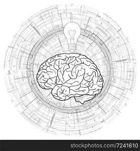 Human brain and a light bulb on technical circular background. Idea, inspiration. Vector black and white microchips background for your creativity. Human brain and a light bulb on technical circular background. Idea, inspiration.