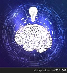 Human brain and a light bulb on violet techno background. Idea, inspiration. Vector element for your design . Human brain and a light bulb on violet techno background. Idea, inspiration.