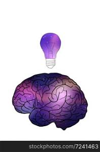 Human brain and a light bulb with cosmos and nebulae. Idea, inspiration. Vector element for your design . Human brain and a light bulb with cosmos and nebulae. Idea, inspiration.