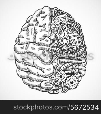 Human brain as engineering processing machine sketch concept vector illustration