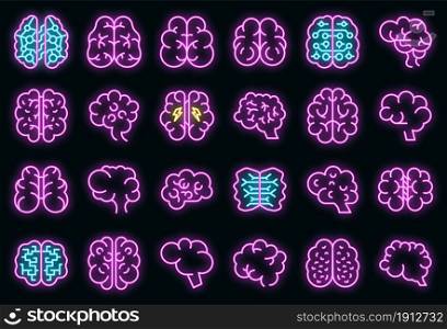 Human brain icons set. Outline set of human brain vector icons neon color on black. Human brain icons set vector neon