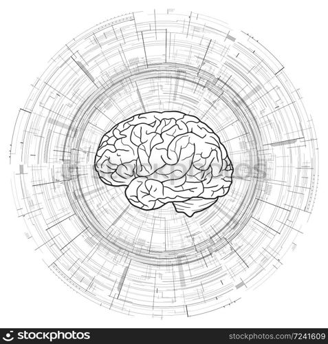 Human brain on technical circular background. Microchips. Blueprint. Vector black and white background for your creativity. Human brain on technical circular background. Microchips. Blueprint