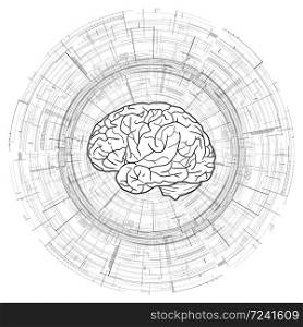 Human brain on technical circular background. Microchips. Blueprint. Vector black and white background for your creativity. Human brain on technical circular background. Microchips. Blueprint