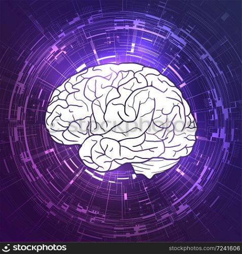 Human brain on violet techno background. Display, communication. Vector element for your design. Human brain on violet techno background. Display, communication