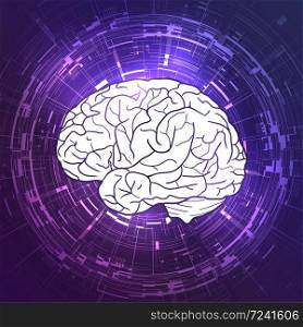 Human brain on violet techno background. Display, communication. Vector element for your design. Human brain on violet techno background. Display, communication