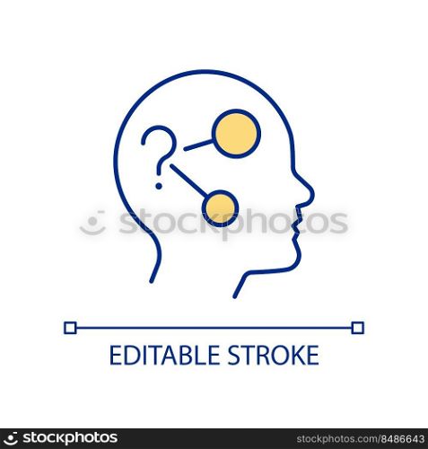 Human brain solving problems RGB color icon. Logical thinking. Decision taking process. Making calculations. Isolated vector illustration. Simple filled line drawing. Editable stroke. Arial font used. Human brain solving problems RGB color icon