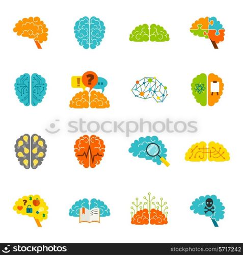 Human brain thinking intelligence memory strategy colored icons flat set isolated vector illustration