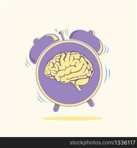 Human brain with alarmclock symbol vector illustration. Modern lifestyle concept. Healthcare issues symbolic image.