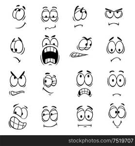 Human cartoon eyes with face expressions and emotions. Cute smiles icons for emoticons. Vector emoji elements smiling, happy, surprised, sad, angry, mad, stupid, crying, shocked, comic, upset silly scared. Human cartoon eyes emoticons symbols