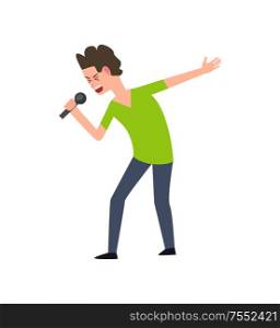 Human character singing song with microphone in casual clothes. Flat character, karaoke and solo performance, side view of boy artist singer vector. Human Character Singing Song, Solo Artist Vector