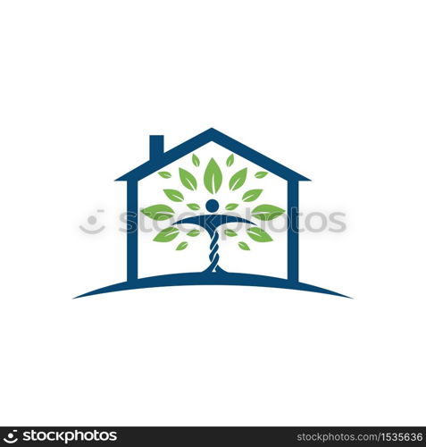 Human character with leaves and house logo design. Natural home care logo.