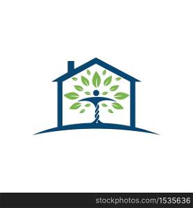Human character with leaves and house logo design. Natural home care logo.