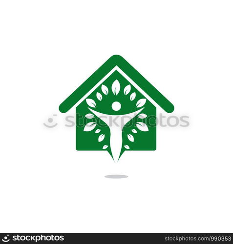 Human character with leaves and house logo design. Natural home care logo. Spa logo. Beauty salon or yoga logo.