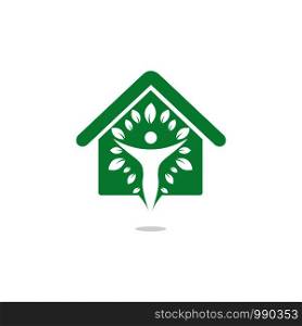 Human character with leaves and house logo design. Natural home care logo. Spa logo. Beauty salon or yoga logo.
