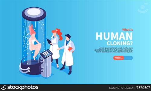 Human cloning isometric landing page with scientists watching female human being in big glass capsule vector illustration