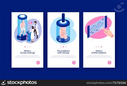 Human cloning vertical banners as web advertising of science articles about genetic engineering isometric vector illustration