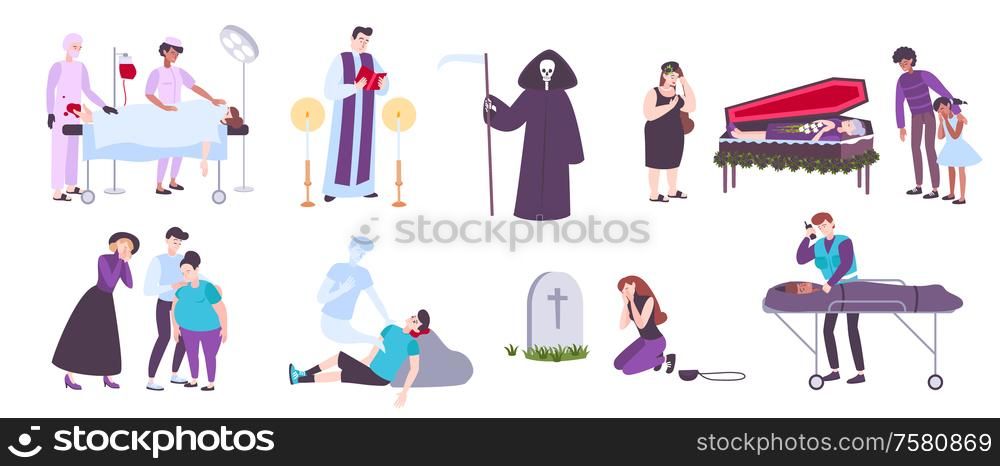 Human death funeral service cemetery and mourning flat icons set isolated on white background vector illustration
