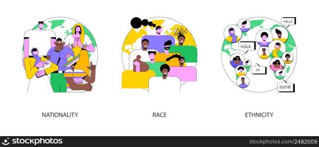 Human diversity abstract concept vector illustration set. Nationality, race and ethnicity, birth certificate, human rights, skin color, national cuisine, cultural heritage, ancestry abstract metaphor.. Human diversity abstract concept vector illustrations.