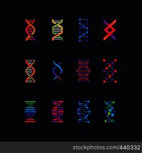 Human dna research technology symbols. Spiral molecule medical bio tech vector icons. Research chemistry and medicine, helix genetic genome illustration. Human dna research technology symbols. Spiral molecule medical bio tech vector icons