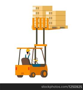 Human-driven Forklift Car Lifting Wooden Box Up. Male Character Working and Driving Delivery Car Full of Goods. Factory Engineer Worker in Uniform. Flat Cartoon Vector Illustration. Human-driven Forklift Car Lifting Wooden Box Up