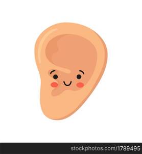 Human ear kawaii character. The ear is like a sense organ. Part of the face. Healthy organ of hearing. Vector illustration isolated on white background in hand drawn style.. Human ear kawaii character. The ear is like a sense organ. Part of the face. Healthy organ of hearing. Vector illustration isolated on white background in hand drawn style