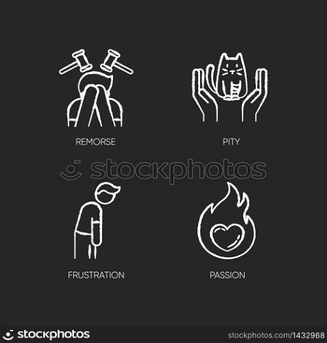Human emotion chalk white icons set on black background. Remorse for psychological healing. Mental state. Feeling of empathy. Frustration from depression. Isolated vector chalkboard illustrations. Human emotion chalk white icons set on black background