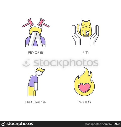 Human emotion RGB color icons set. Remorse for psychological healing. Mental state. Feeling of pity and empathy. Frustration from depression. Emotion of passion. Isolated vector illustrations. Human emotion RGB color icons set