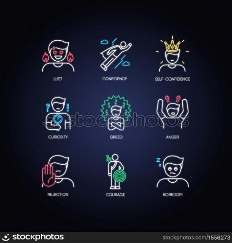 Human emotions neon light icons set. Psychological states and negative emotions signs with outer glowing effect. Emotional behaviour, personal qualities. Vector isolated RGB color illustrations. Human emotions neon light icons set