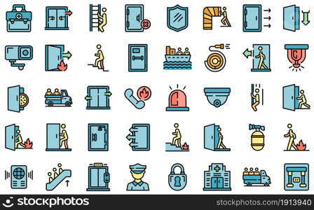 Human evacuation icons set. Outline set of human evacuation vector icons thin line color flat isolated on white. Human evacuation icons set line color vector