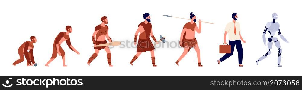 Human evolution. Animal man, business clothes person cyborg. Primitive caveman, stone ages male character, anthropology vector concept. Monkey and caveman, evolution primate development illustration. Human evolution. Animal man, business clothes person cyborg. Primitive caveman, stone ages male character, utter anthropology vector concept