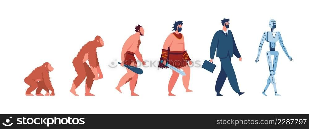Human evolution, monkey, caveman, businessman, cyborg. Male character evolving from ancient ape to modern man and robot vector concept. Illustration of human development. Human evolution, monkey, caveman, businessman, cyborg. Male character evolving from ancient ape to modern man and robot vector concept